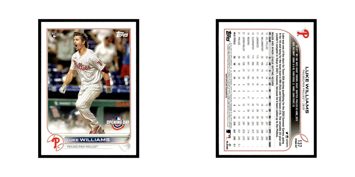 Luke Williams Rookie 2022 Topps Opening Day #137 Philadelphia Phillies NM