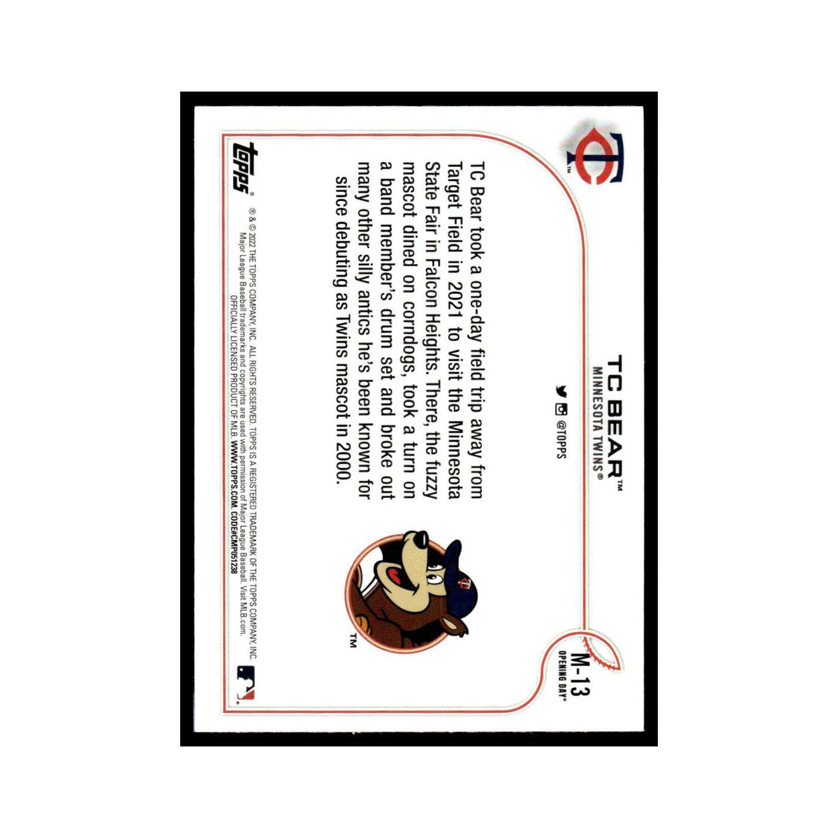 TC Bear 2022 Topps Opening Day #M-13 Minnesota Twins Baseball Card NM