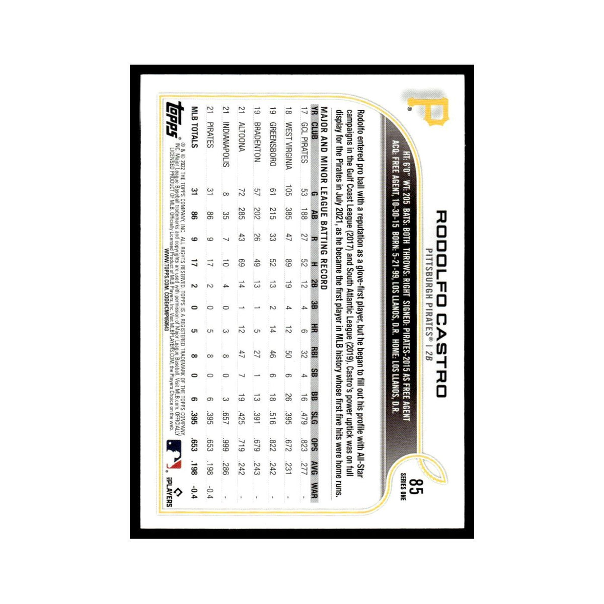 Rodolfo Castro Rookie 2022 Topps Opening Day #85 Pittsburgh Pirates NM