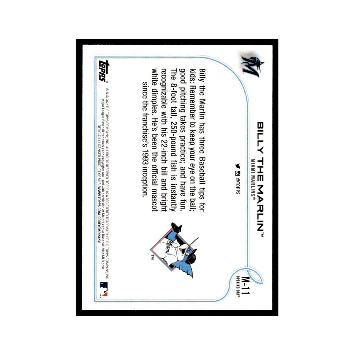 Billy the Marlin 2022 Topps Opening Day #M-11 Miami Marlins Baseball Card NM