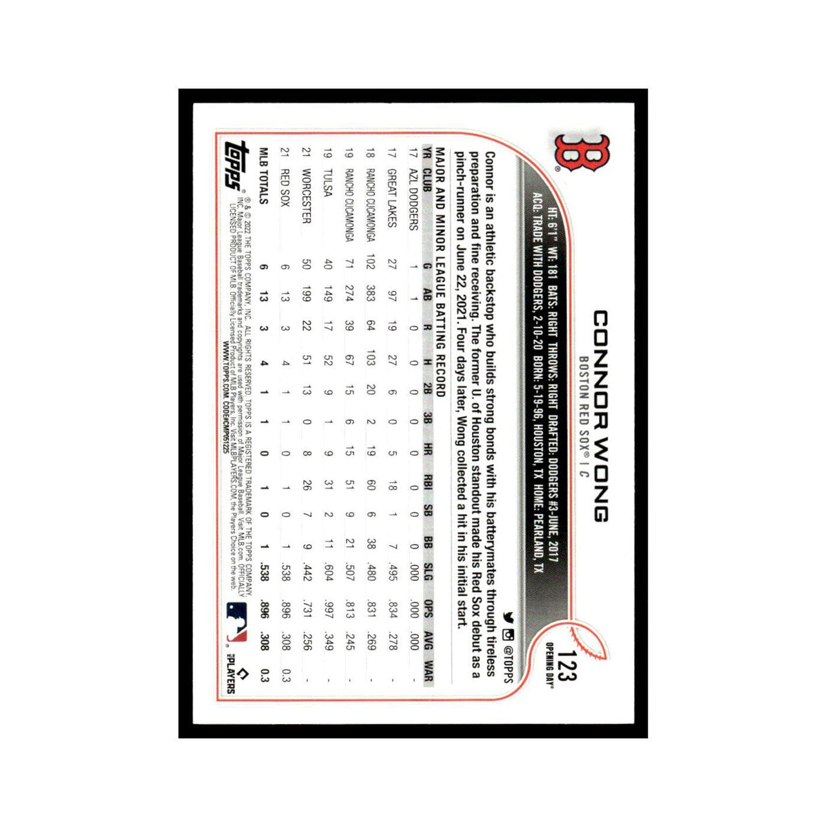 Connor Wong Rookie 2022 Topps Opening Day #123 Boston Red Sox Baseball Card NM
