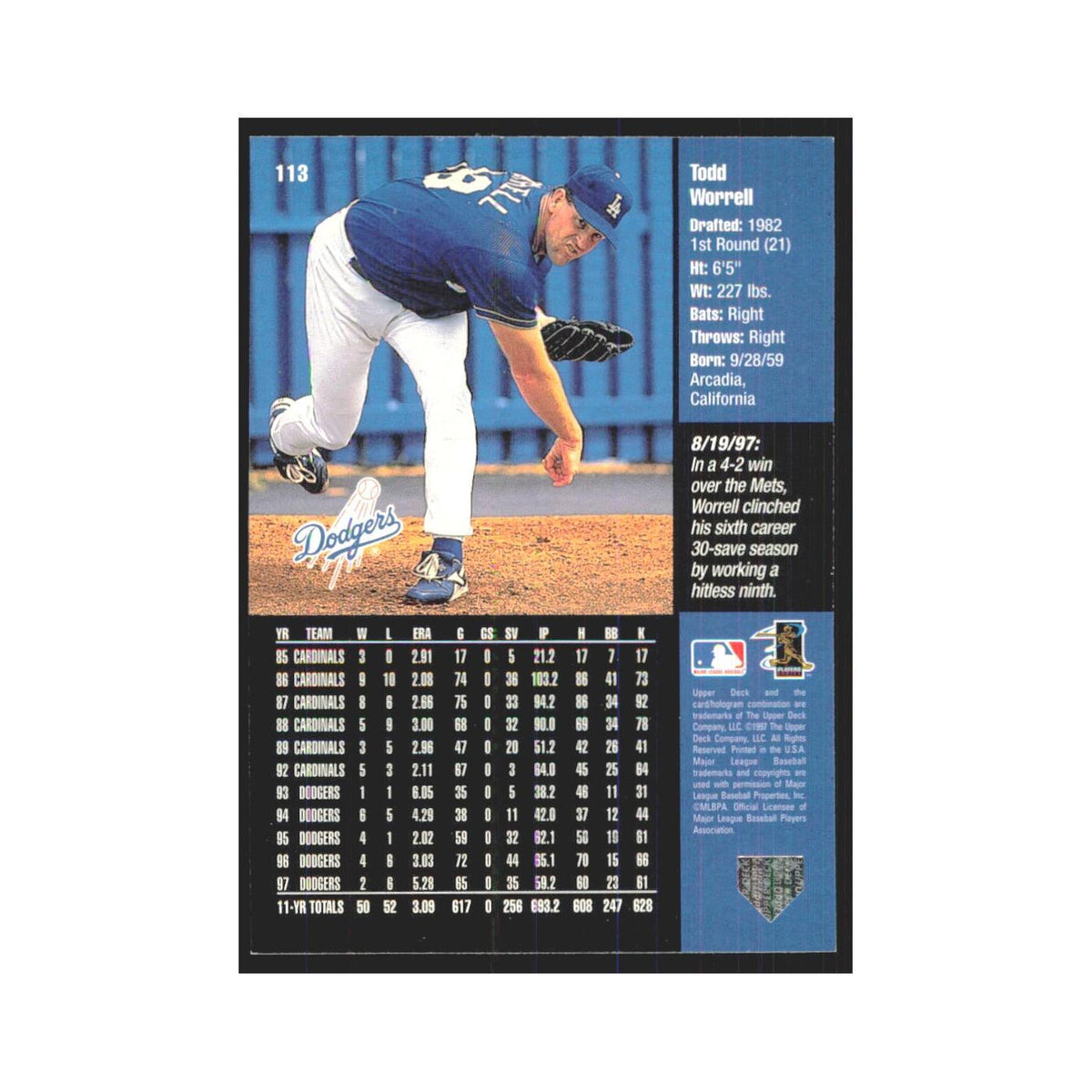 1998 Upper Deck Todd Worrell Dodgers #113
