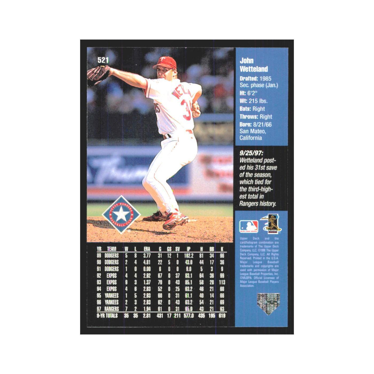 1998 Upper Deck John Wetteland Rangers #521