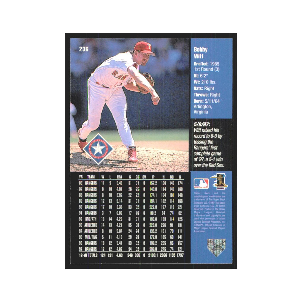 1998 Upper Deck Bobby Witt Rangers #236