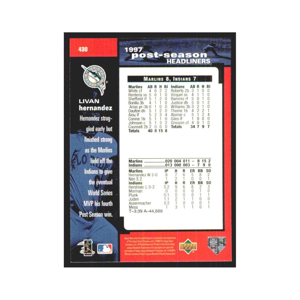 1998 Upper Deck Livan Hernandez Florida Marlins #430