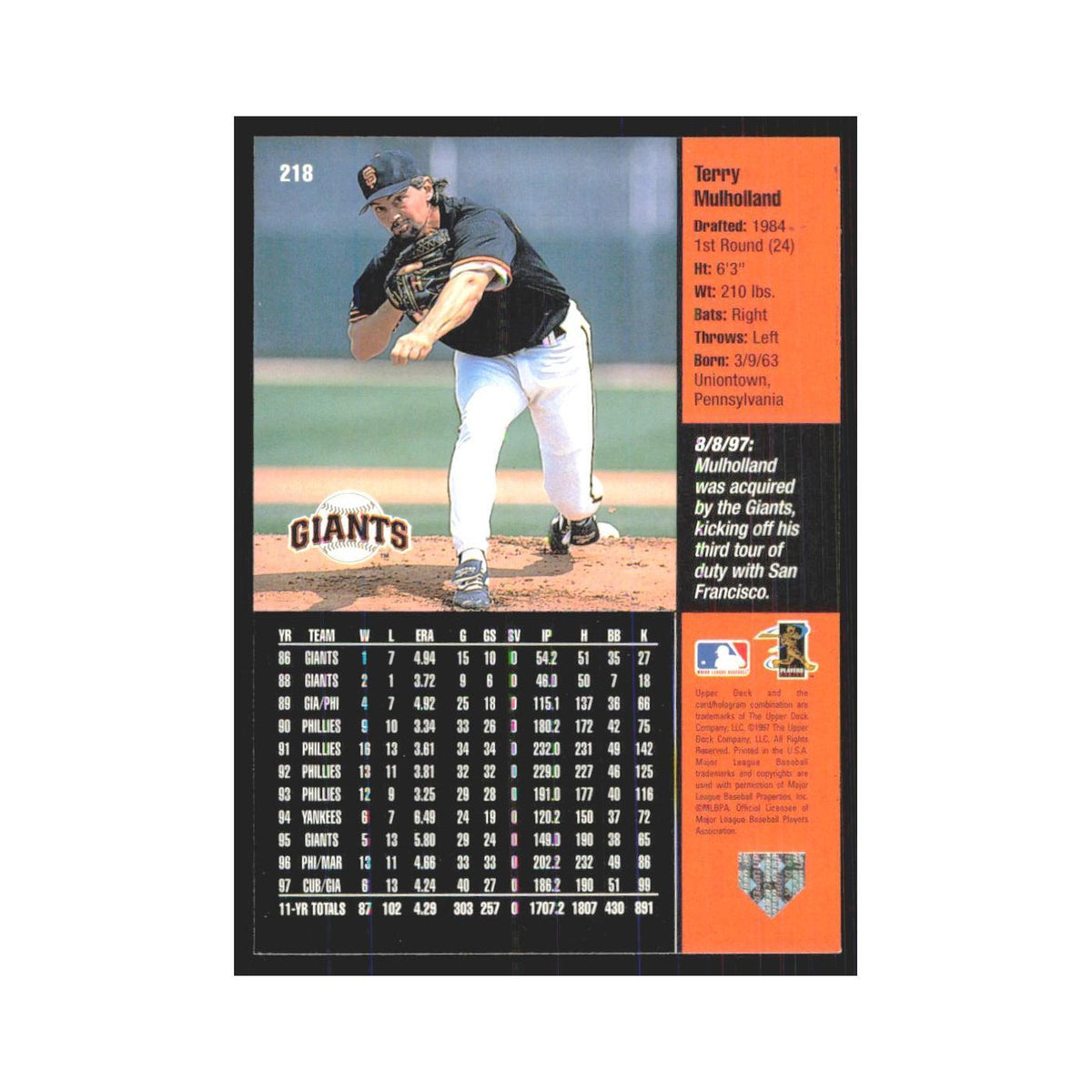 1998 Upper Deck Terry Mulholland Giants #218
