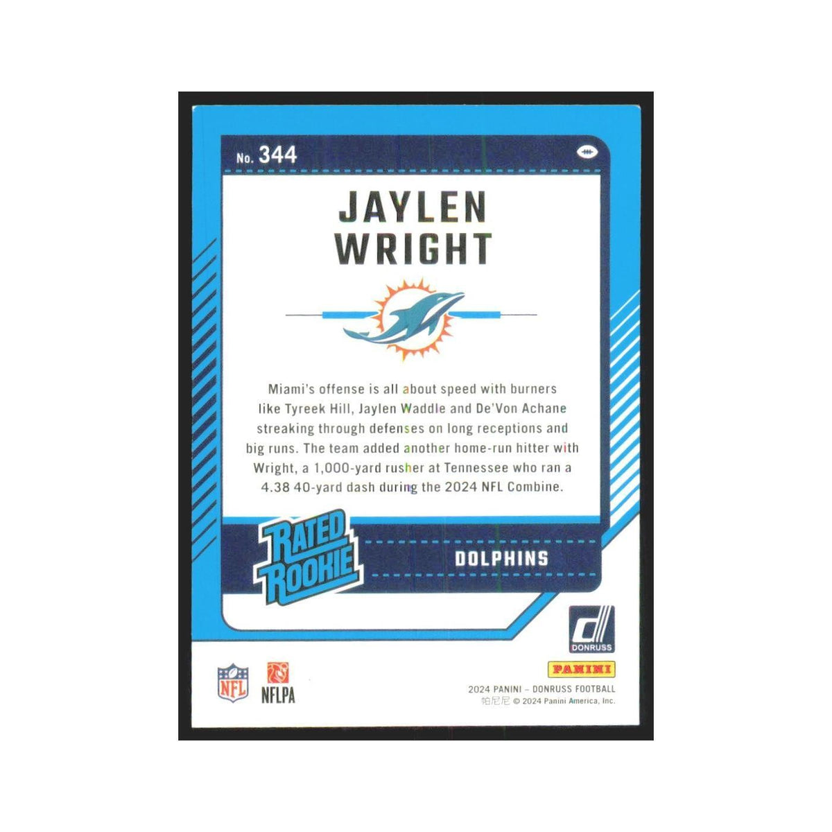 2024 Donruss Jaylen Wright RC Dolphins #344