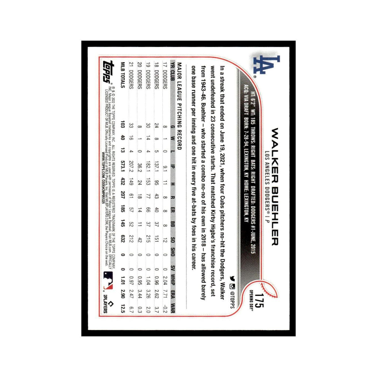 Walker Buehler 2022 Topps Opening Day #175 Los Angeles Dodgers Baseball Card NM