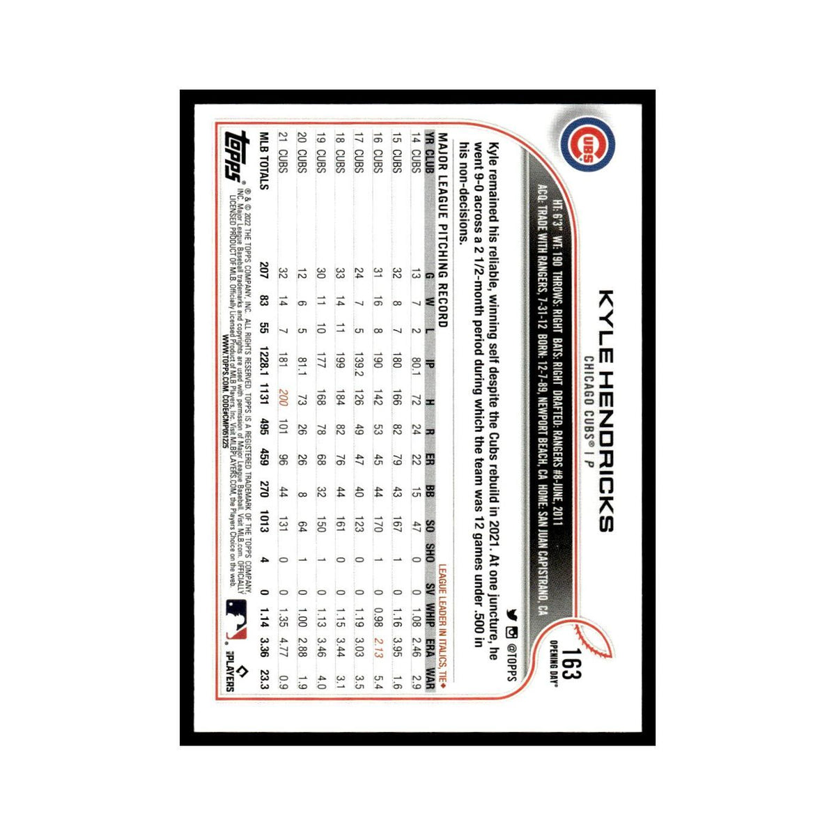 Kyle Hendricks 2022 Topps Opening Day #163 Chicago Cubs Baseball Card NM