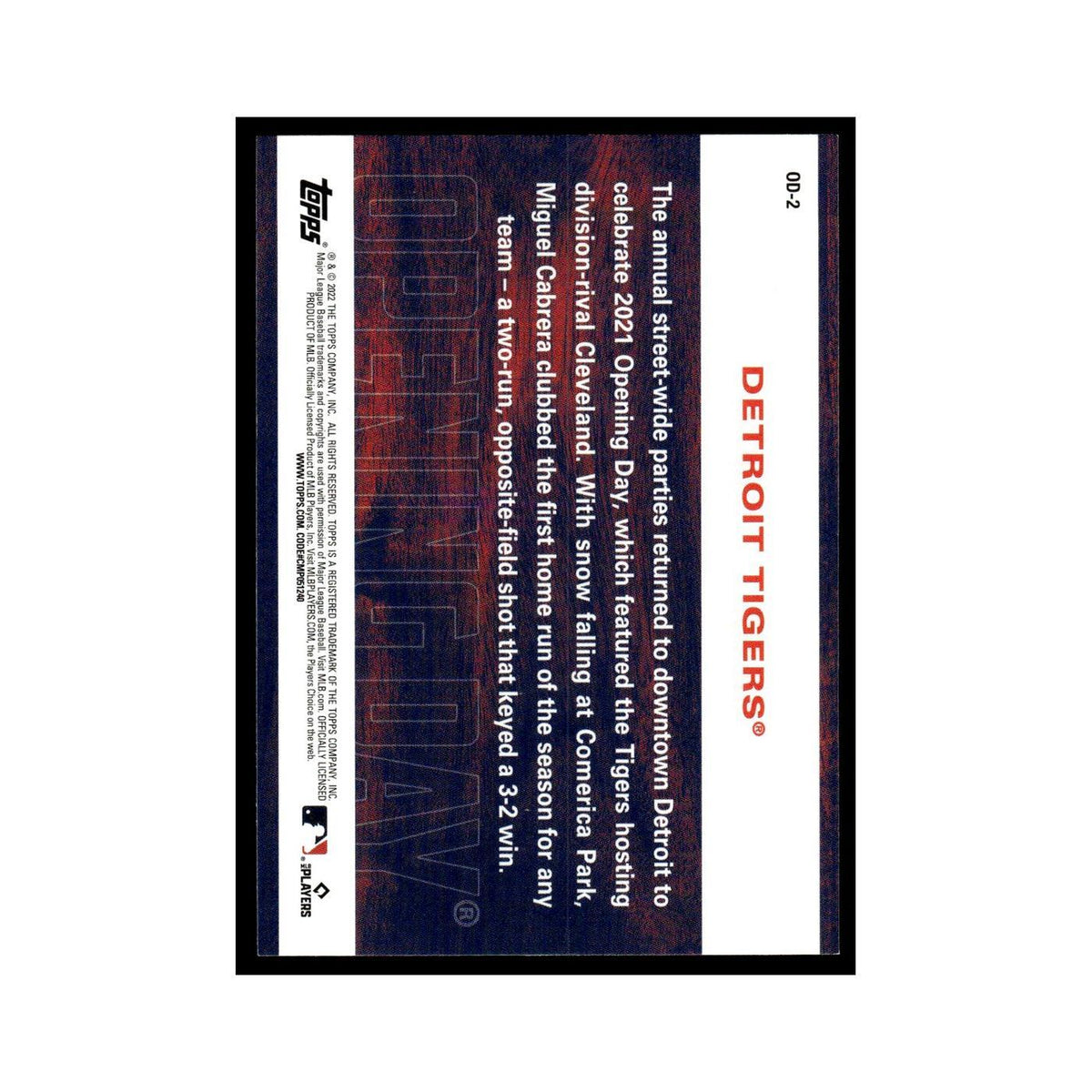 Detroit Tigers 2022 Topps Opening Day #OD-2 Detroit Tigers Baseball Card NM