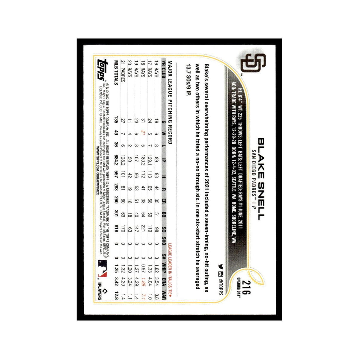Blake Snell 2022 Topps Opening Day #216 San Diego Padres Baseball Card NM