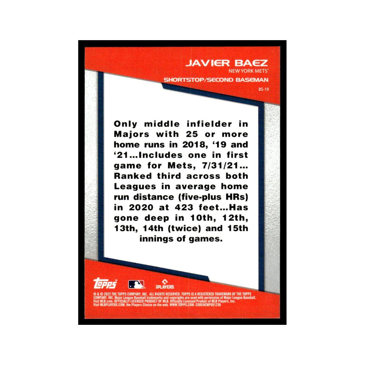 Javier Baez 2022 Topps Opening Day #BS-19 New York Mets Baseball Card NM