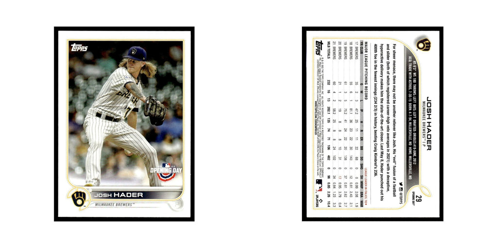 Josh Hader 2022 Topps Opening Day #29 Milwaukee Brewers Baseball Card NM