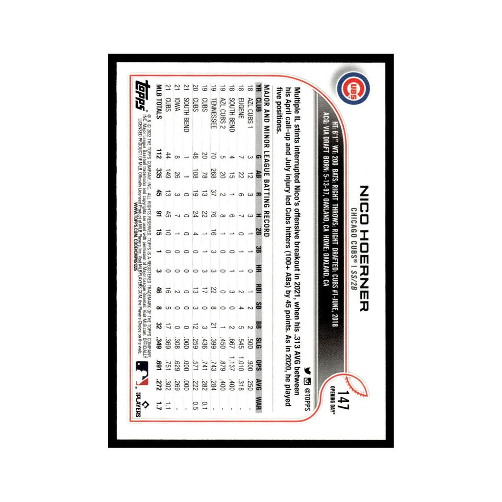Nico Hoerner 2022 Topps Opening Day #147 Chicago Cubs Baseball Card NM