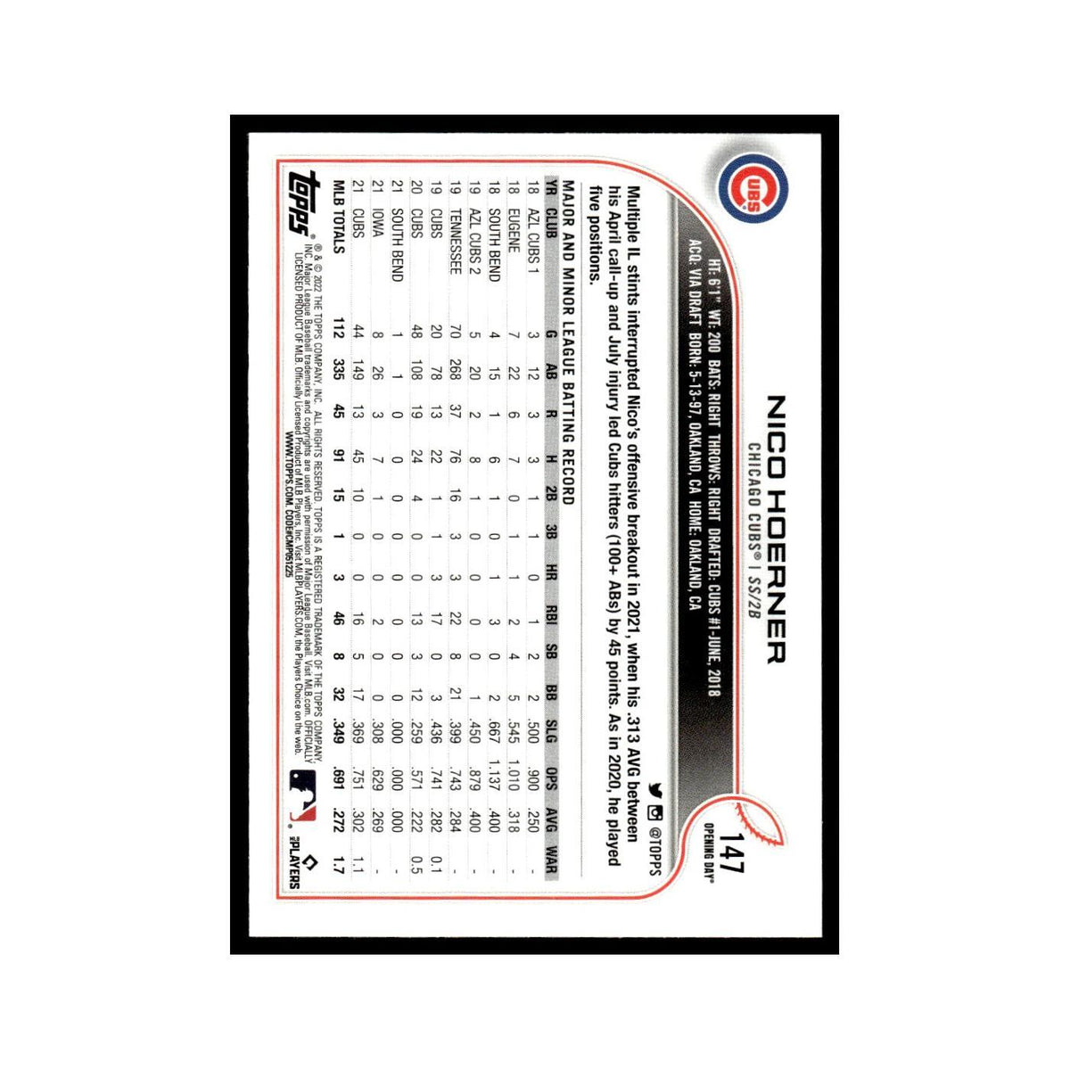 Nico Hoerner 2022 Topps Opening Day #147 Chicago Cubs Baseball Card NM