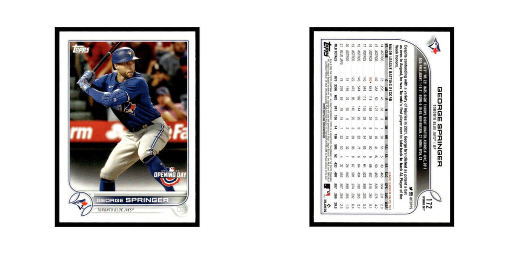 George Springer 2022 Topps Opening Day #172 Toronto Blue Jays Baseball Card NM