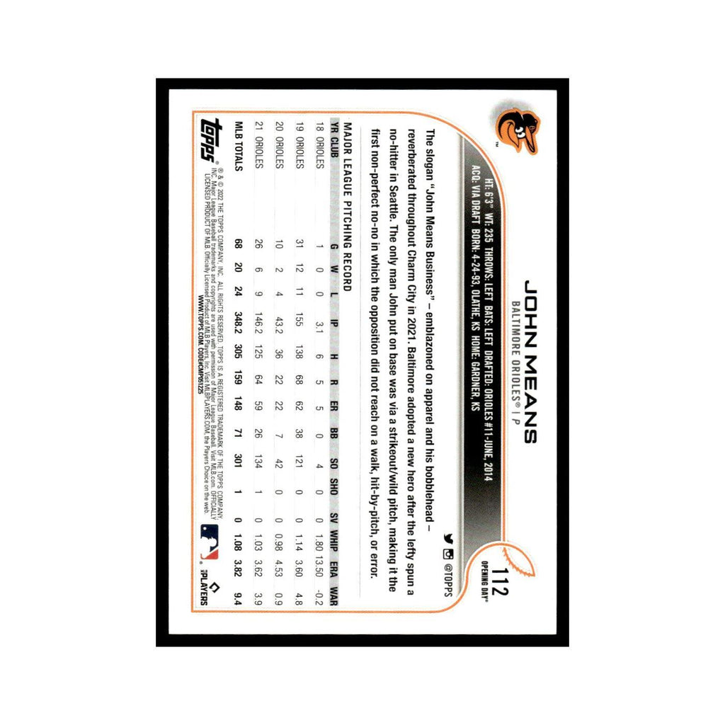 John Means 2022 Topps Opening Day #112 Baltimore Orioles Baseball Card NM