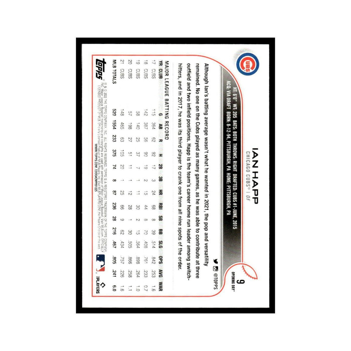 Ian Happ 2022 Topps Opening Day #9 Chicago Cubs Baseball Card NM