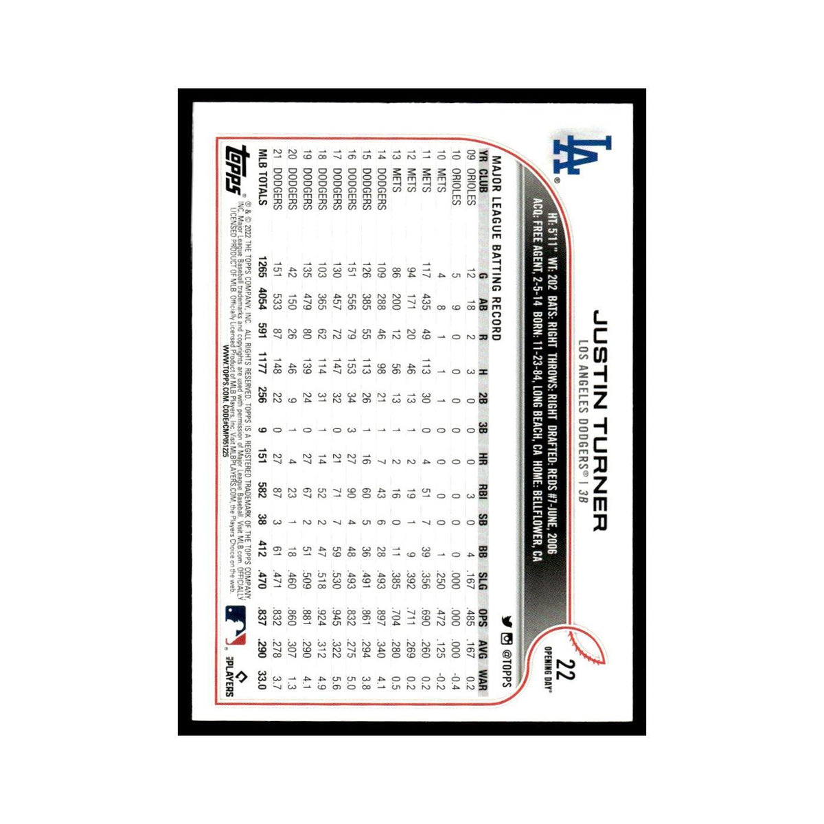 Justin Turner 2022 Topps Opening Day #22 Los Angeles Dodgers Baseball Card NM