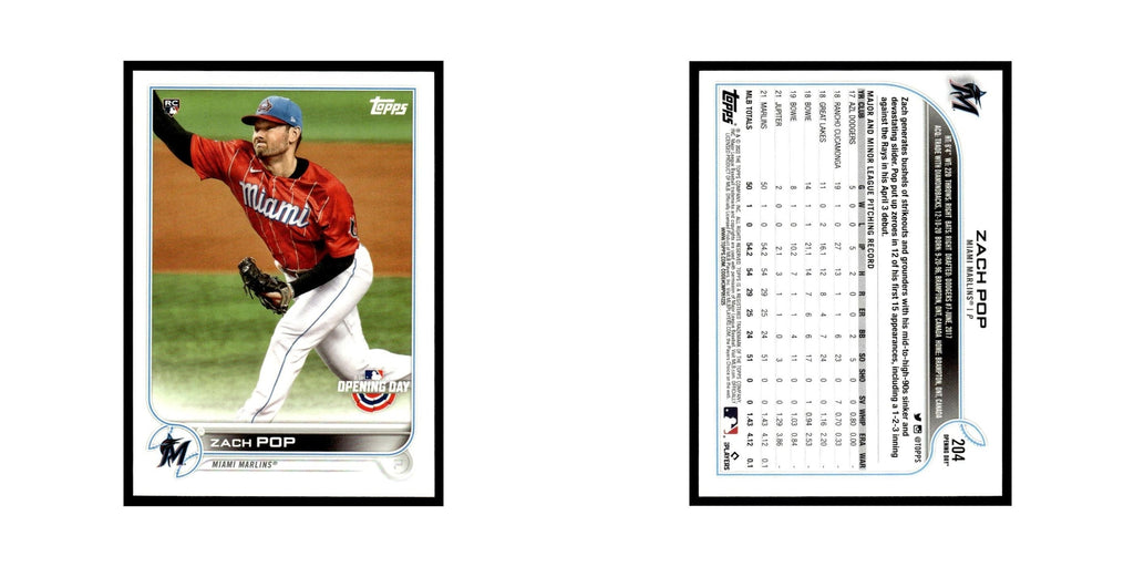 Zach Pop Rookie 2022 Topps Opening Day #204 Miami Marlins Baseball Card NM
