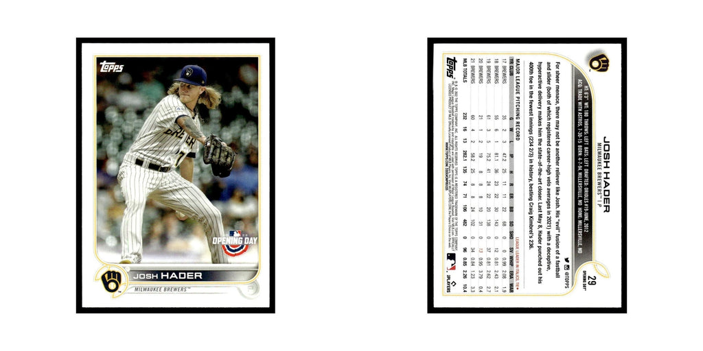 Josh Hader 2022 Topps Opening Day #29 Milwaukee Brewers Baseball Card NM