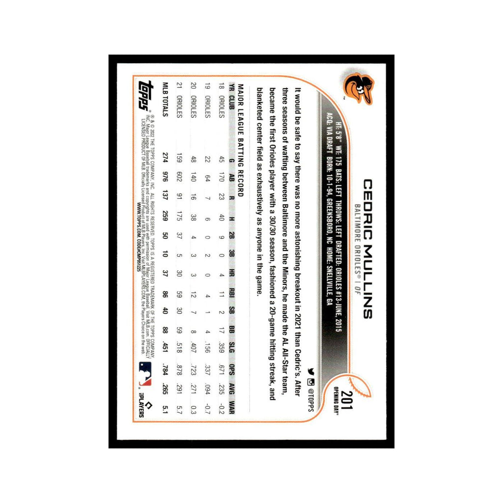 Cedric Mullins 2022 Topps Opening Day #201 Baltimore Orioles Baseball Card NM