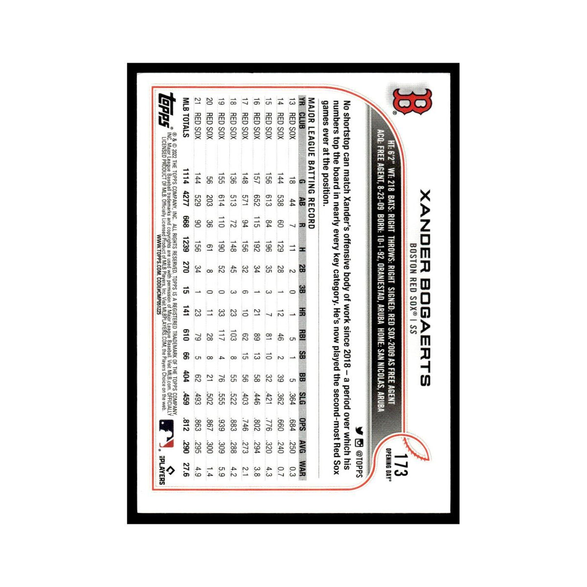 Xander Bogaerts 2022 Topps Opening Day #173 Boston Red Sox Baseball Card NM