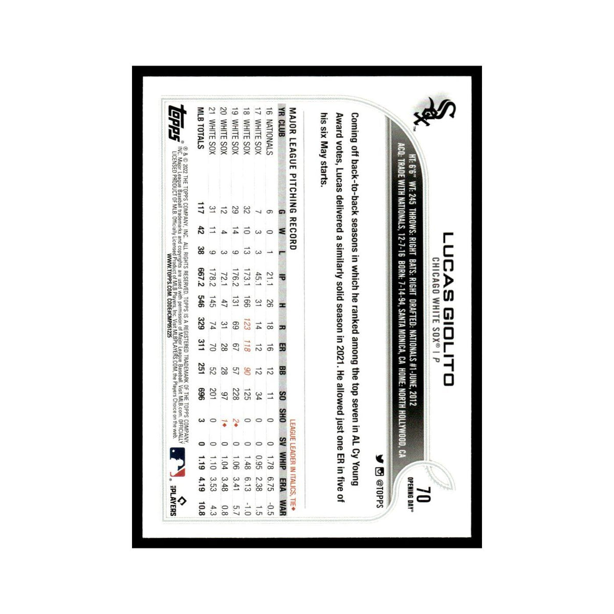 Lucas Giolito 2022 Topps Opening Day #70 Chicago White Sox Baseball Card NM