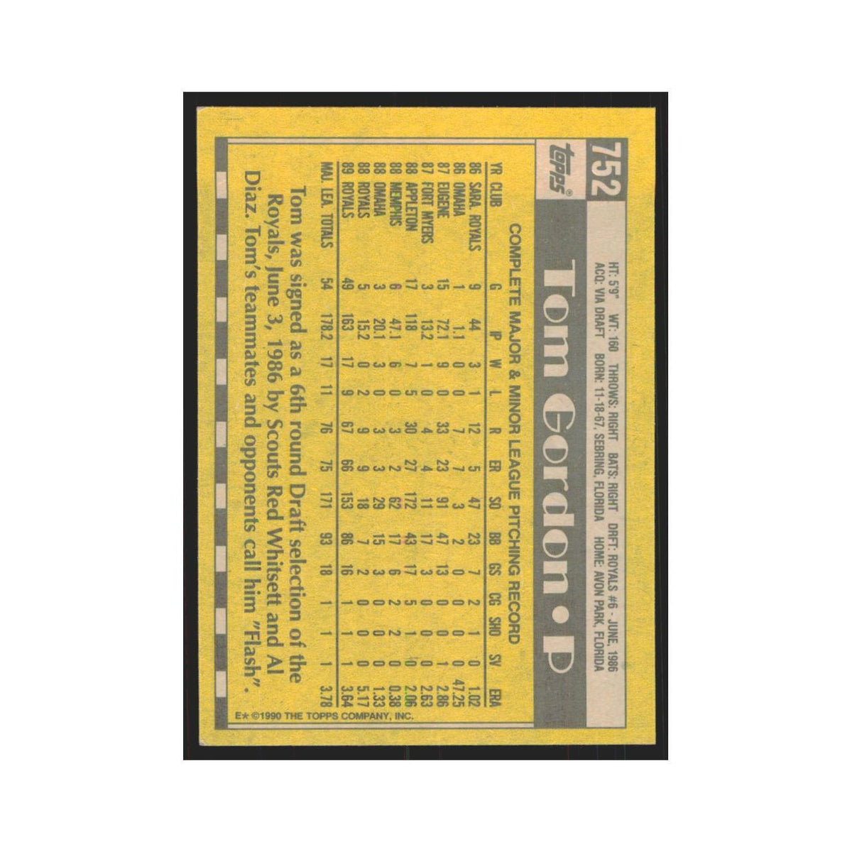 1990 Topps Tom Gordon Royals #752
