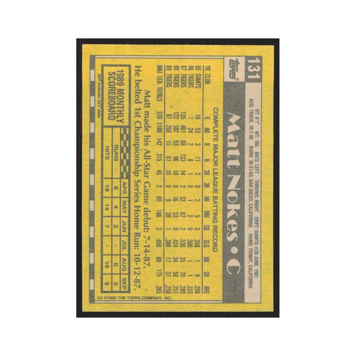 1990 Topps Matt Nokes Tigers #131