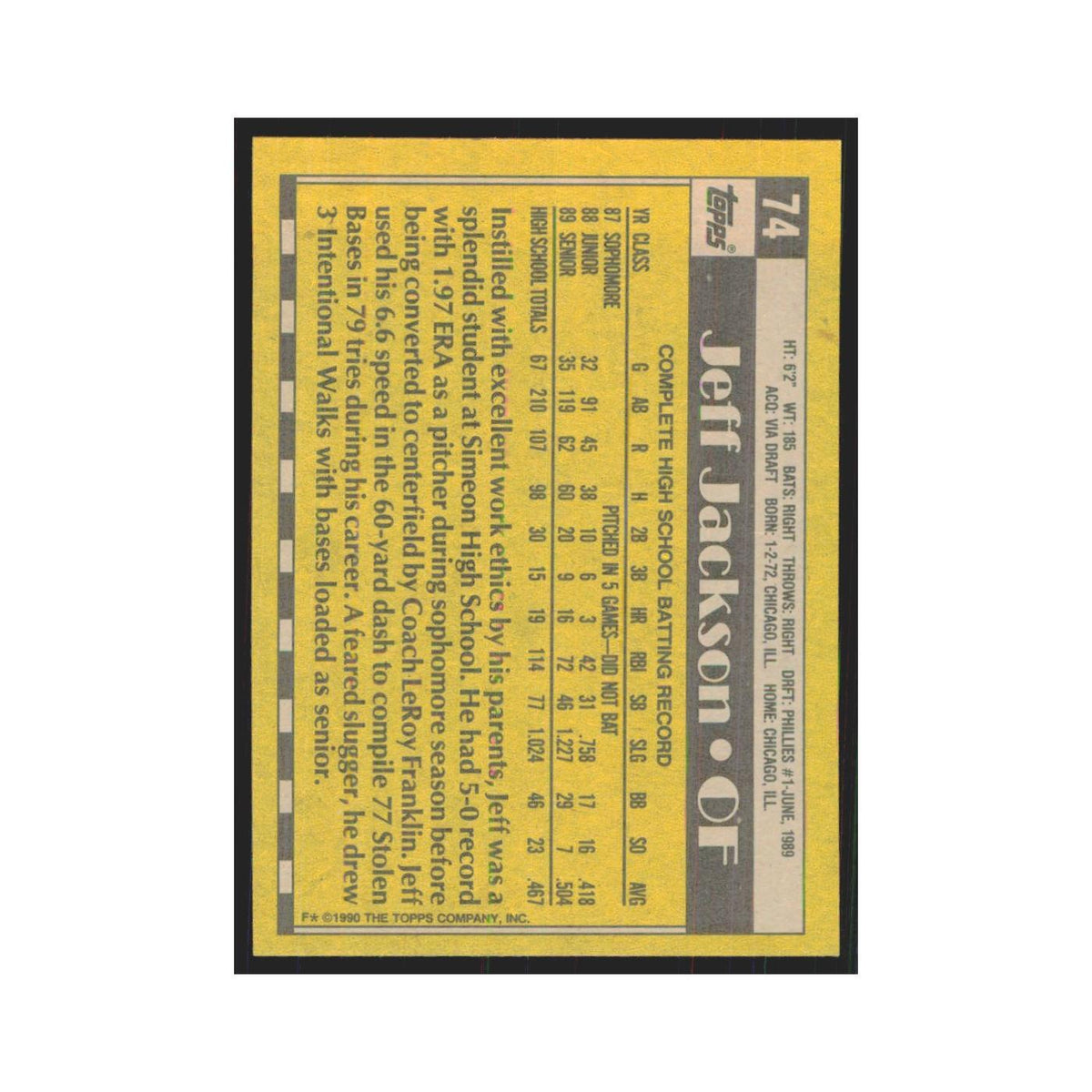 1990 Topps Jeff Jackson Phillies #74
