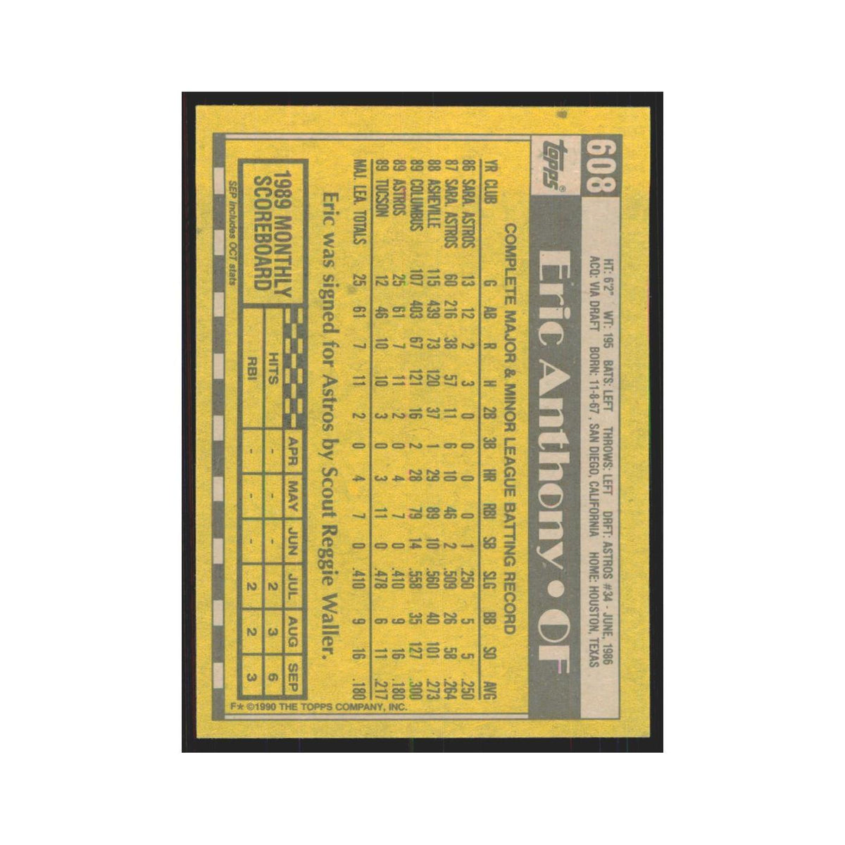 1990 Topps Eric Anthony Astros #608