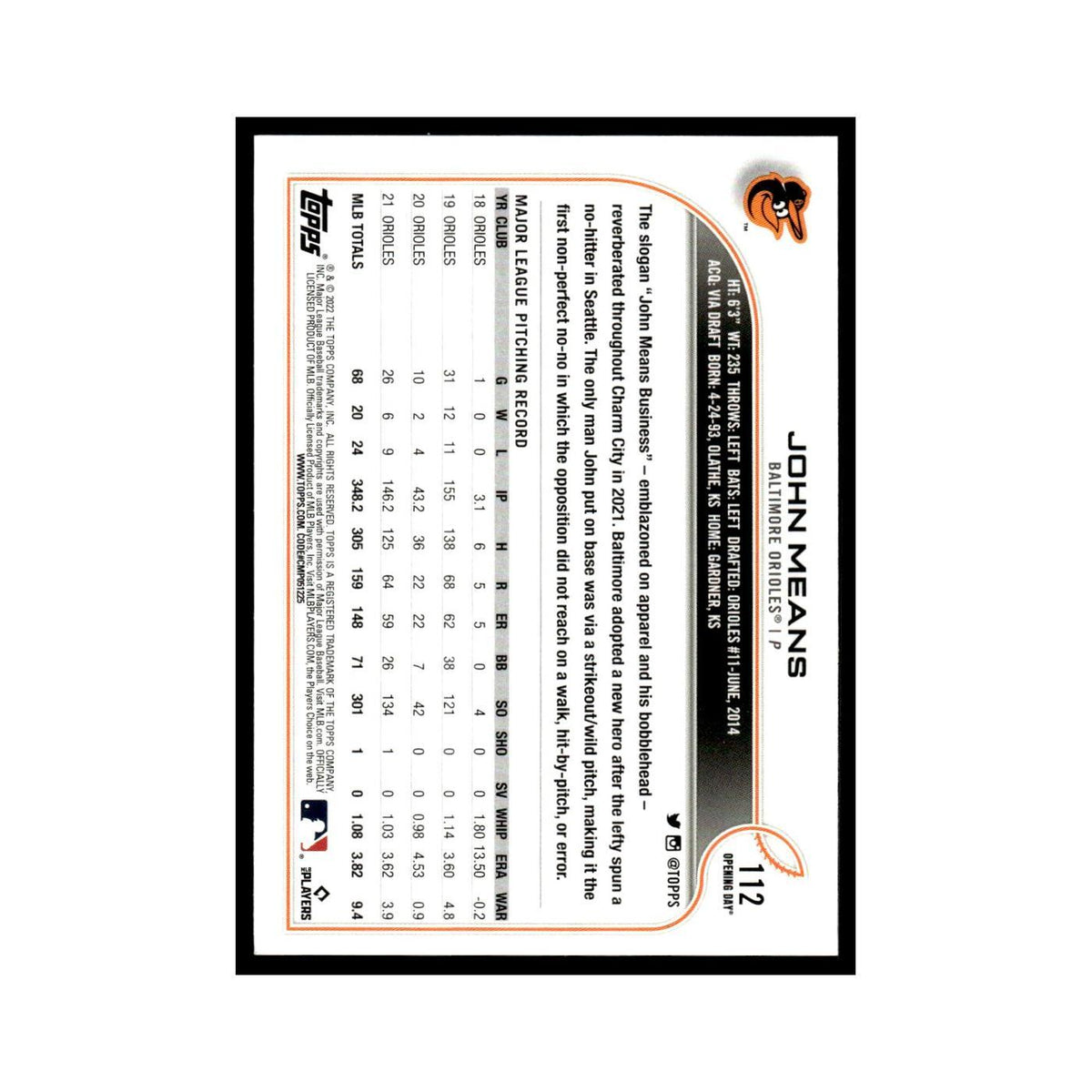 John Means 2022 Topps Opening Day #112 Baltimore Orioles Baseball Card NM
