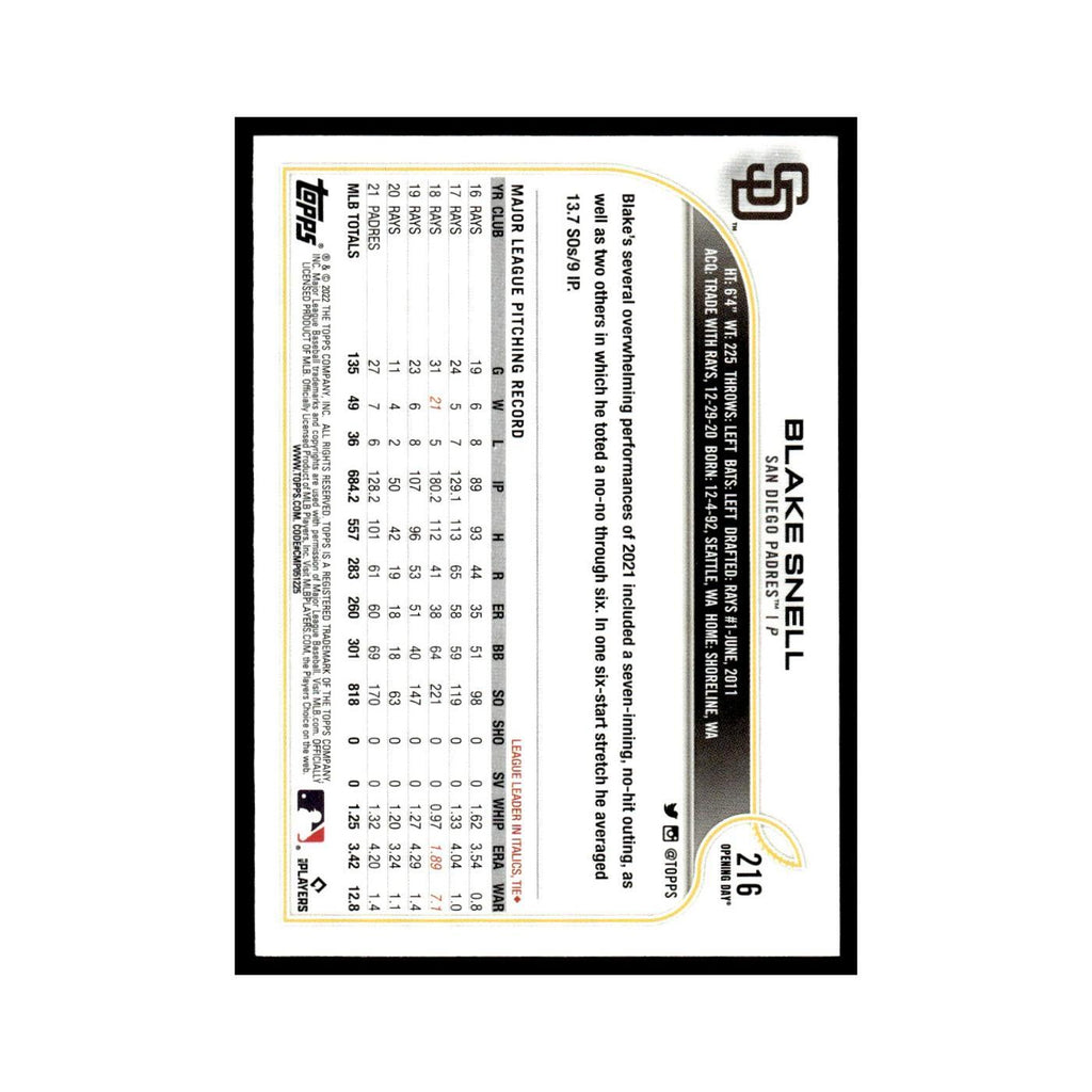 Blake Snell 2022 Topps Opening Day #216 San Diego Padres Baseball Card NM