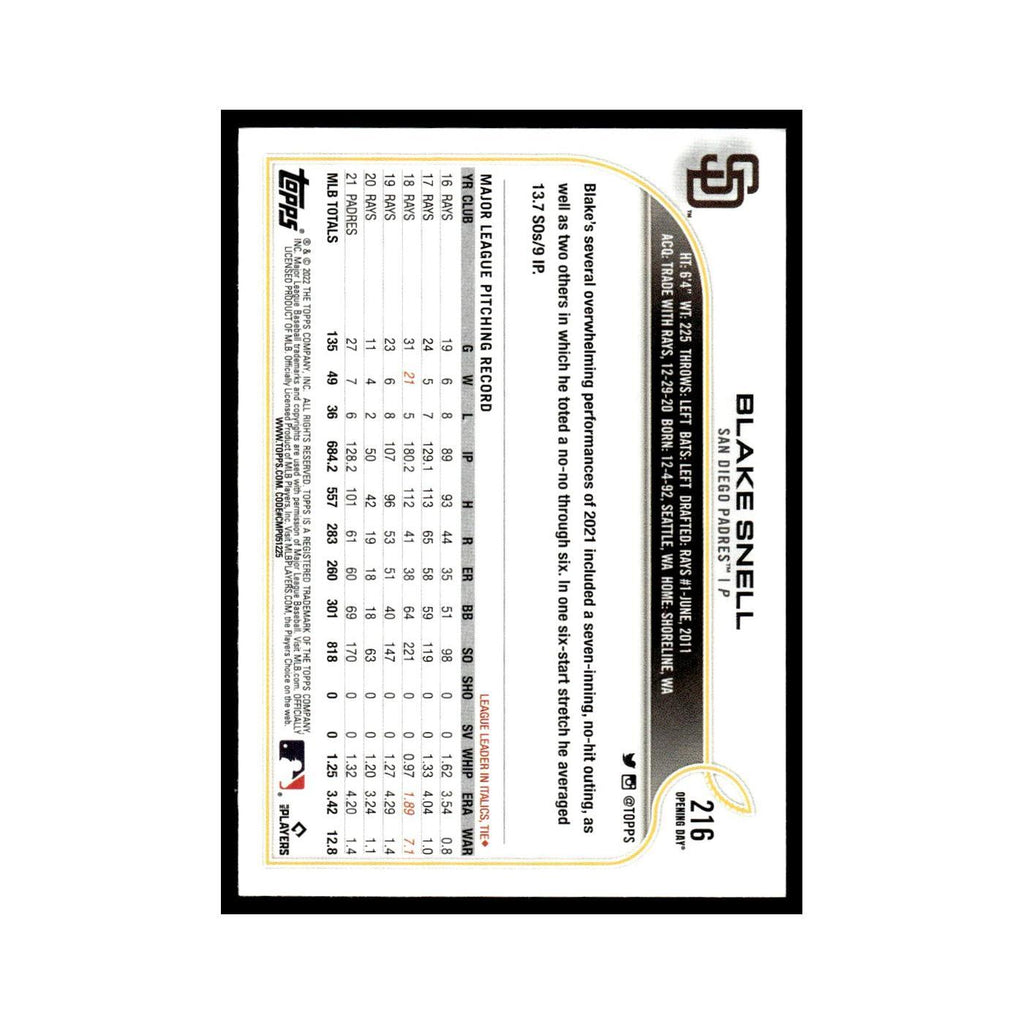 Blake Snell 2022 Topps Opening Day #216 San Diego Padres Baseball Card NM