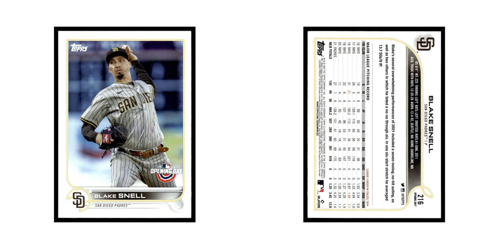 Blake Snell 2022 Topps Opening Day #216 San Diego Padres Baseball Card NM