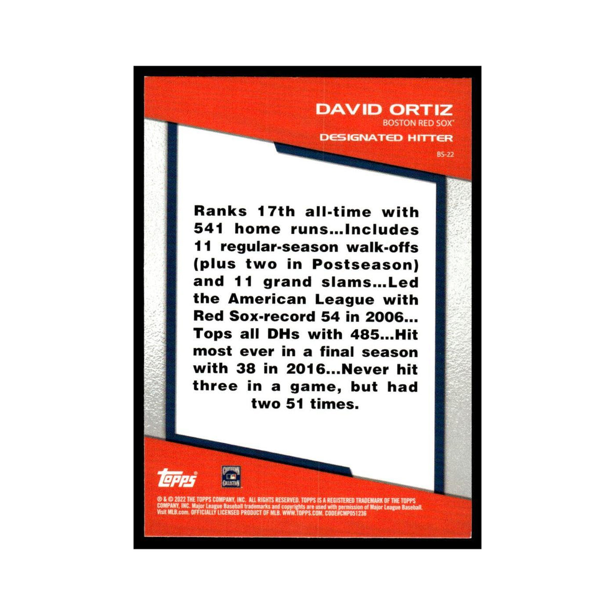 David Ortiz 2022 Topps Opening Day #BS-22 Boston Red Sox Baseball Card NM
