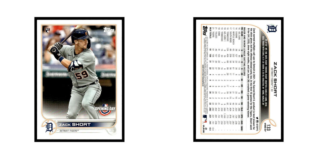 Zack Short Rookie 2022 Topps Opening Day #133 Detroit Tigers Baseball Card NM