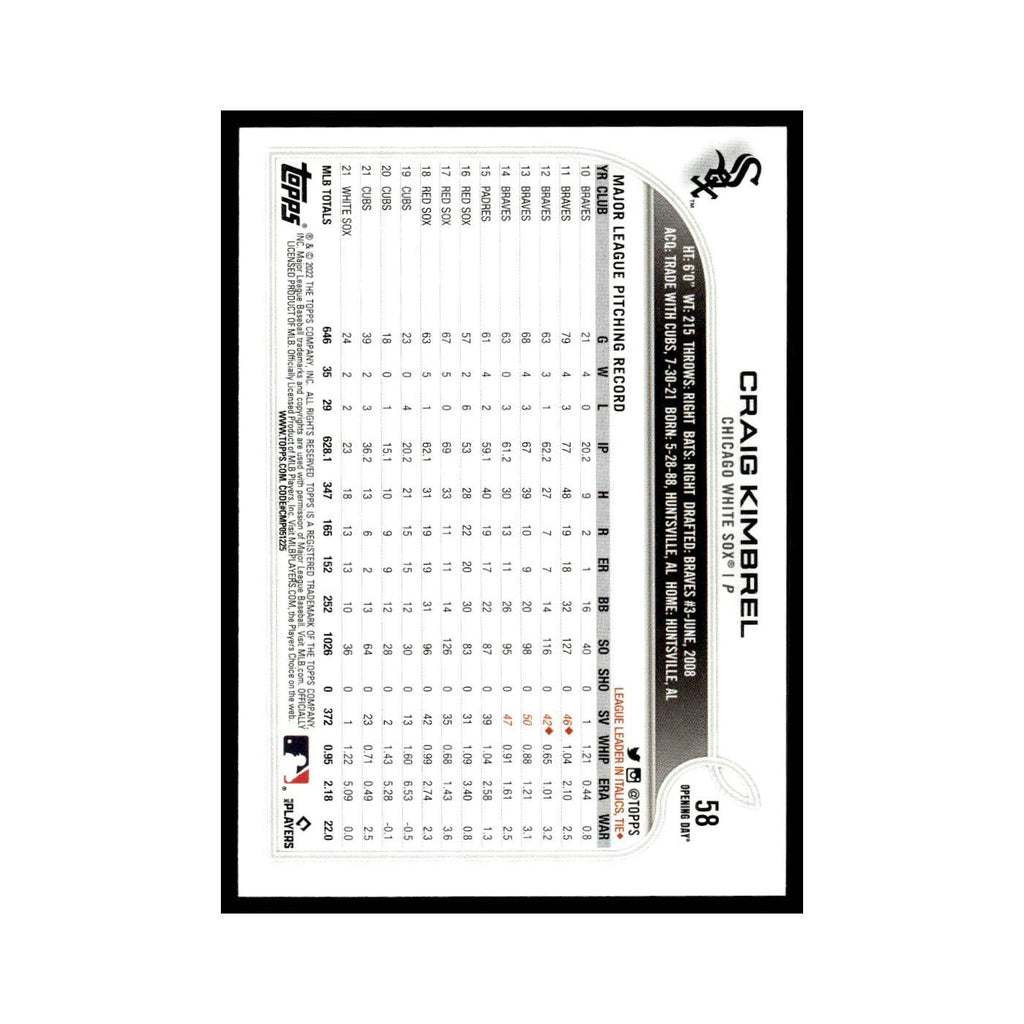 Craig Kimbrel 2022 Topps Opening Day #58 Chicago White Sox Baseball Card NM