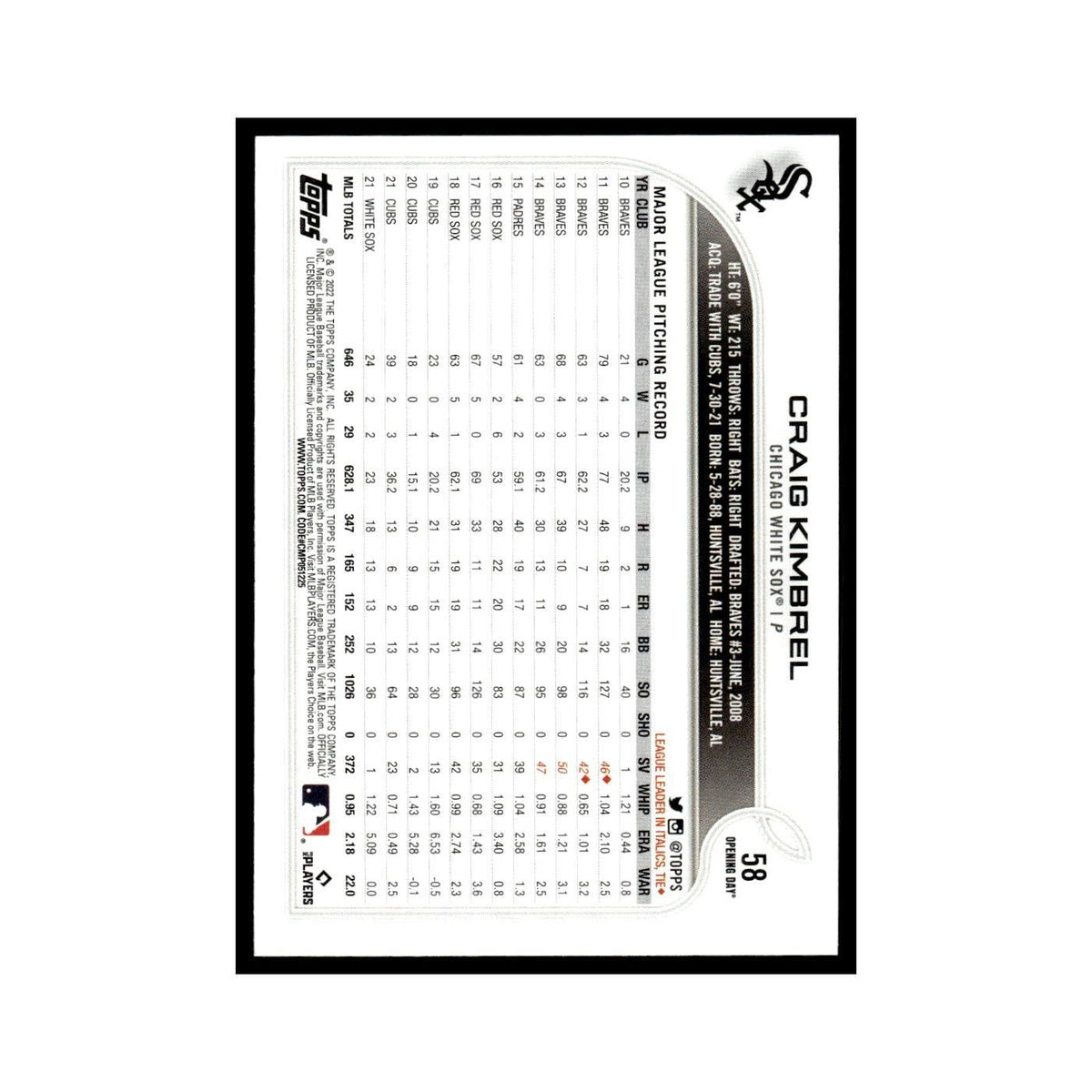 Craig Kimbrel 2022 Topps Opening Day #58 Chicago White Sox Baseball Card NM