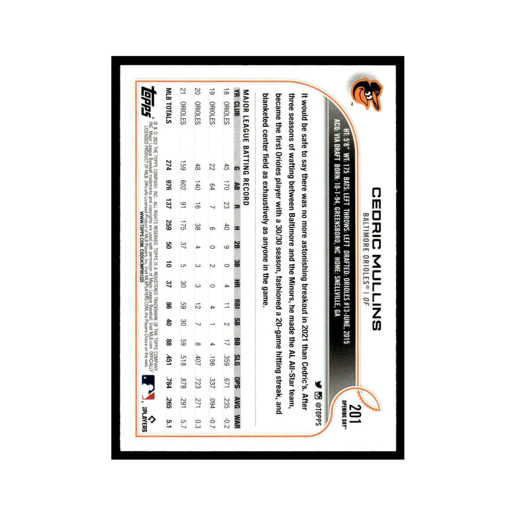 Cedric Mullins 2022 Topps Opening Day #201 Baltimore Orioles Baseball Card NM