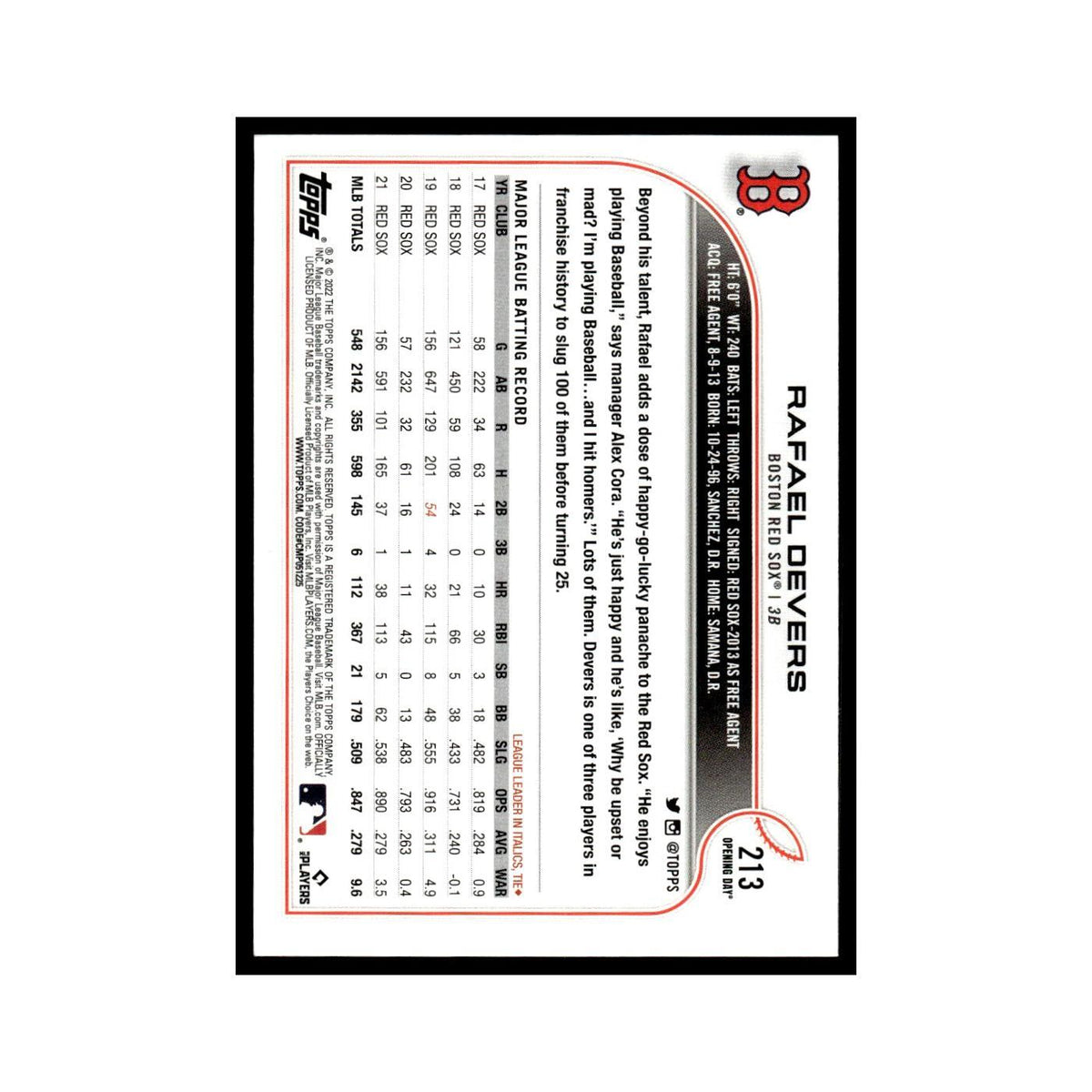Rafael Devers 2022 Topps Opening Day #213 Boston Red Sox Baseball Card NM