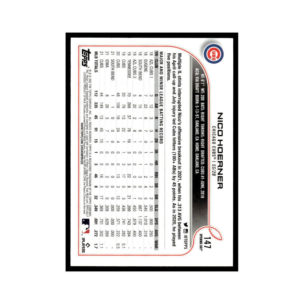 Nico Hoerner 2022 Topps Opening Day #147 Chicago Cubs Baseball Card NM