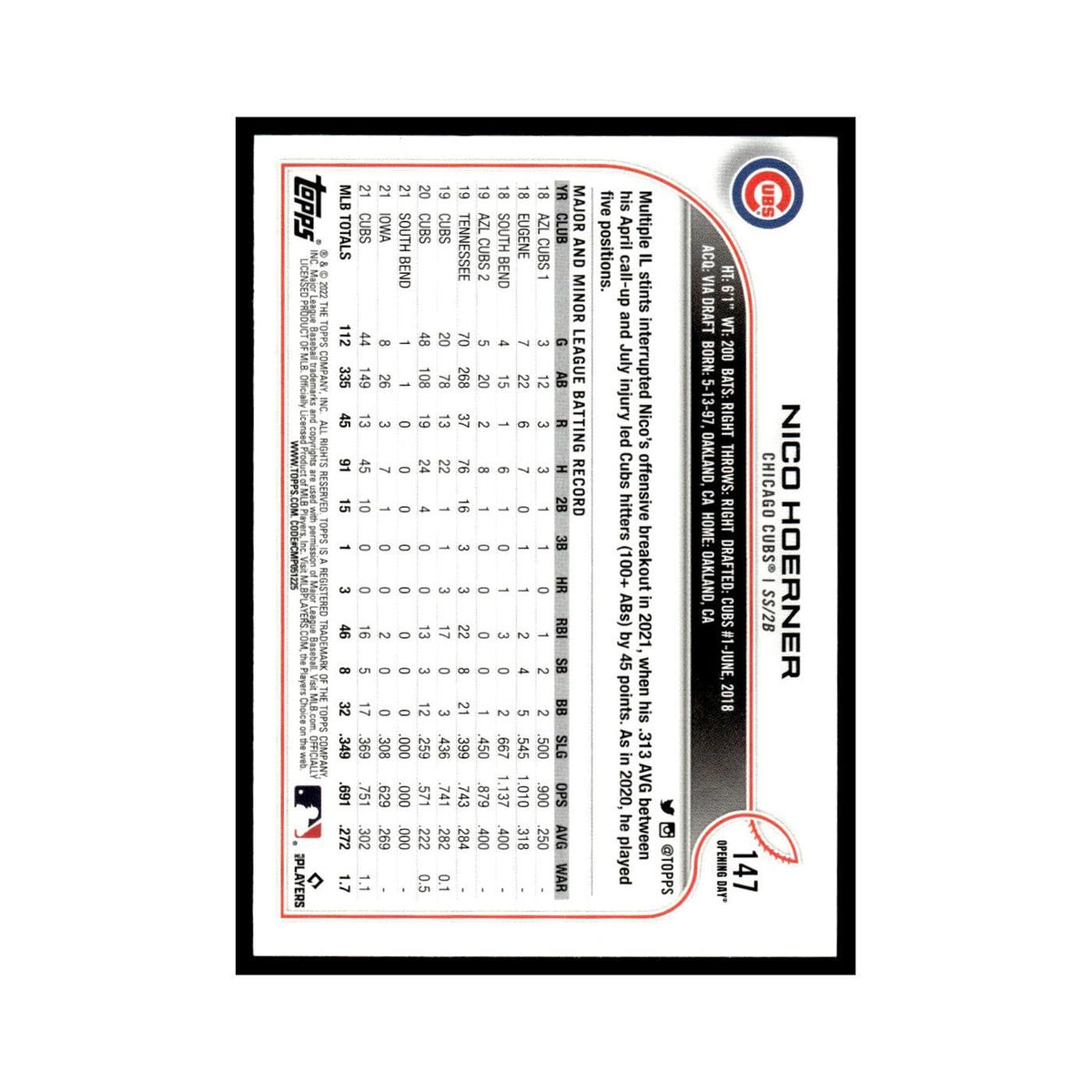 Nico Hoerner 2022 Topps Opening Day #147 Chicago Cubs Baseball Card NM