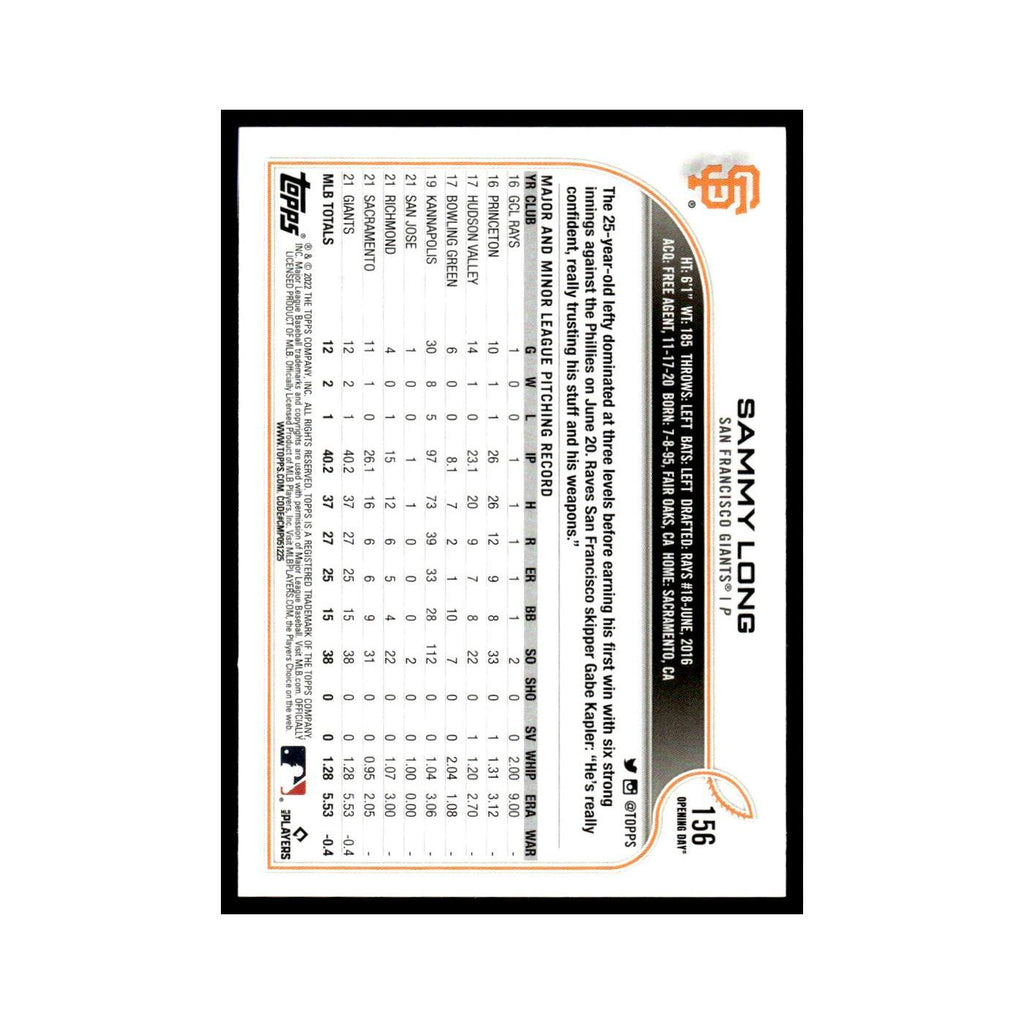 Sammy Long Rookie 2022 Topps Opening Day #156 San Francisco Giants NM