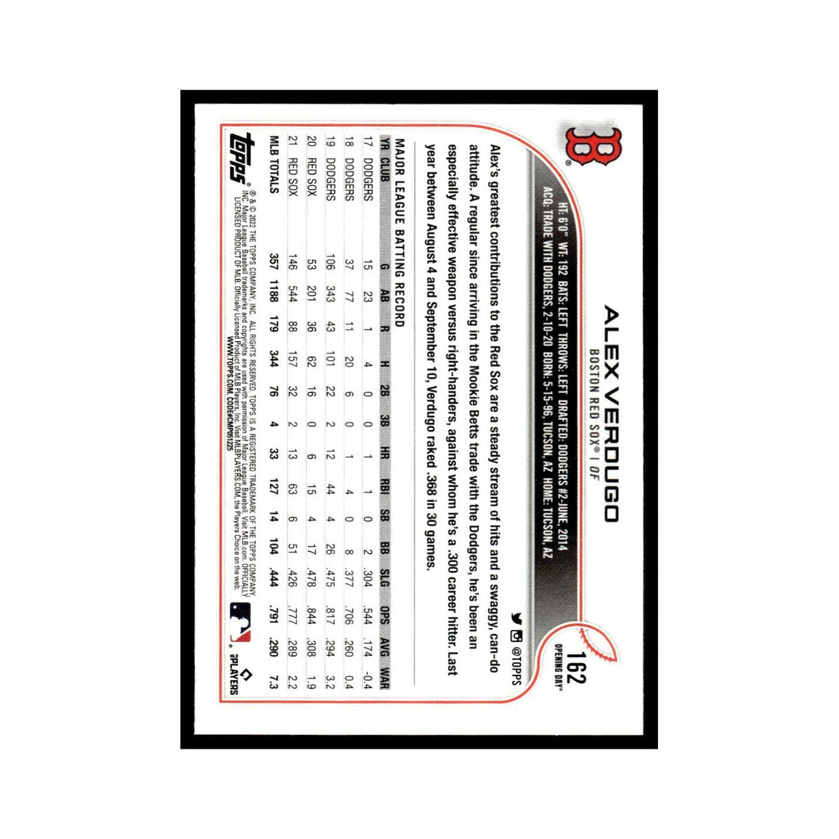 Alex Verdugo 2022 Topps Opening Day #162 Boston Red Sox Baseball Card NM