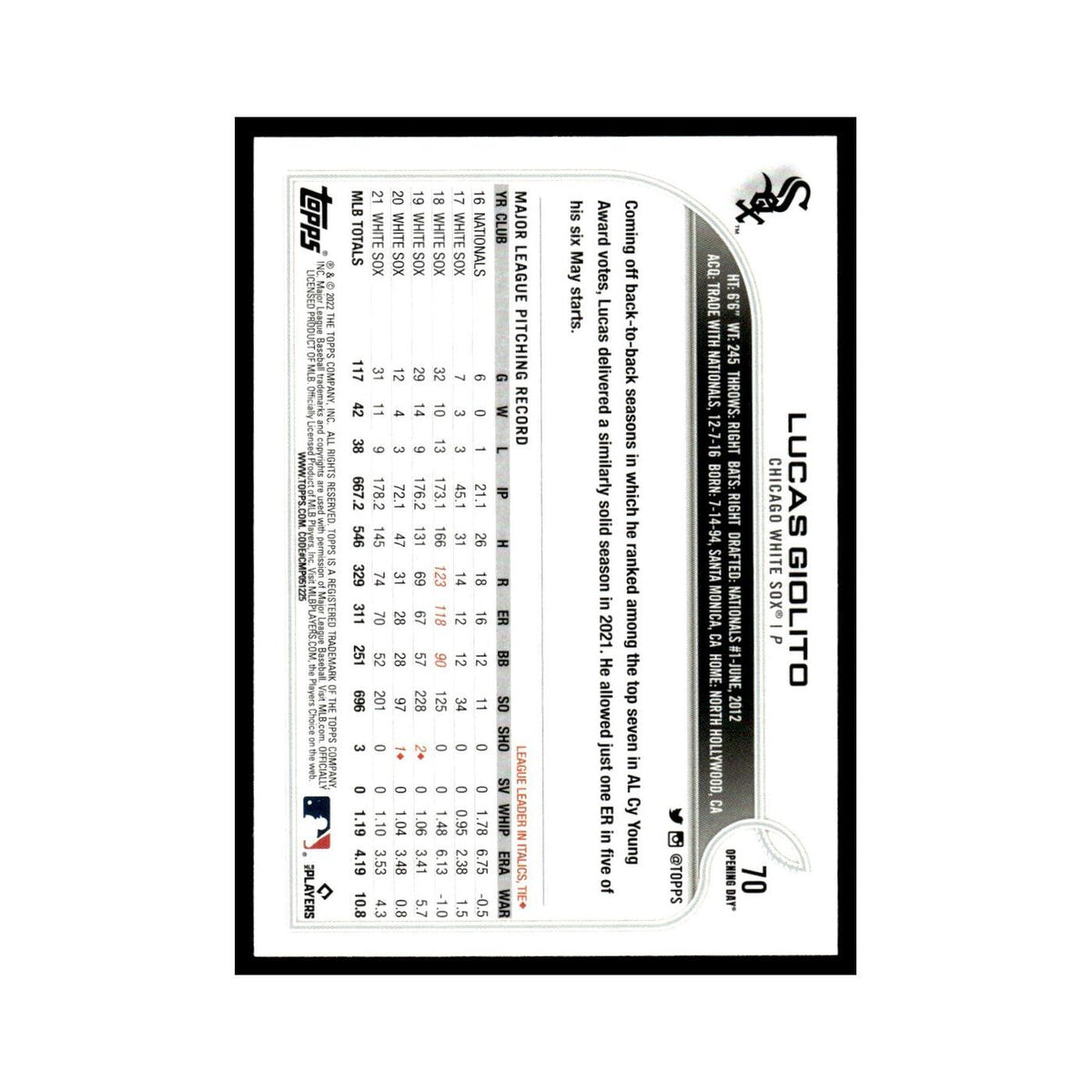 Lucas Giolito 2022 Topps Opening Day #70 Chicago White Sox Baseball Card NM