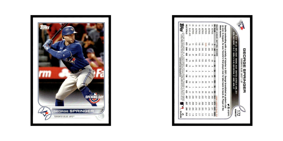 George Springer 2022 Topps Opening Day #172 Toronto Blue Jays Baseball Card NM