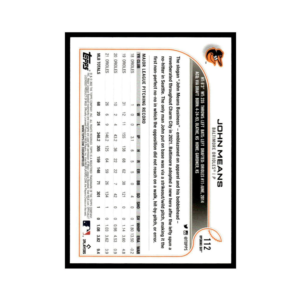 John Means 2022 Topps Opening Day #112 Baltimore Orioles Baseball Card NM