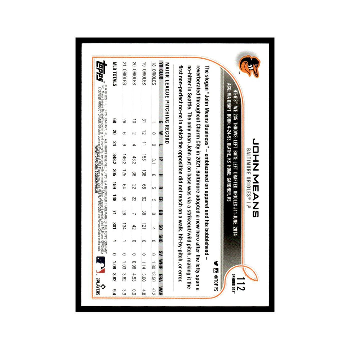 John Means 2022 Topps Opening Day #112 Baltimore Orioles Baseball Card NM